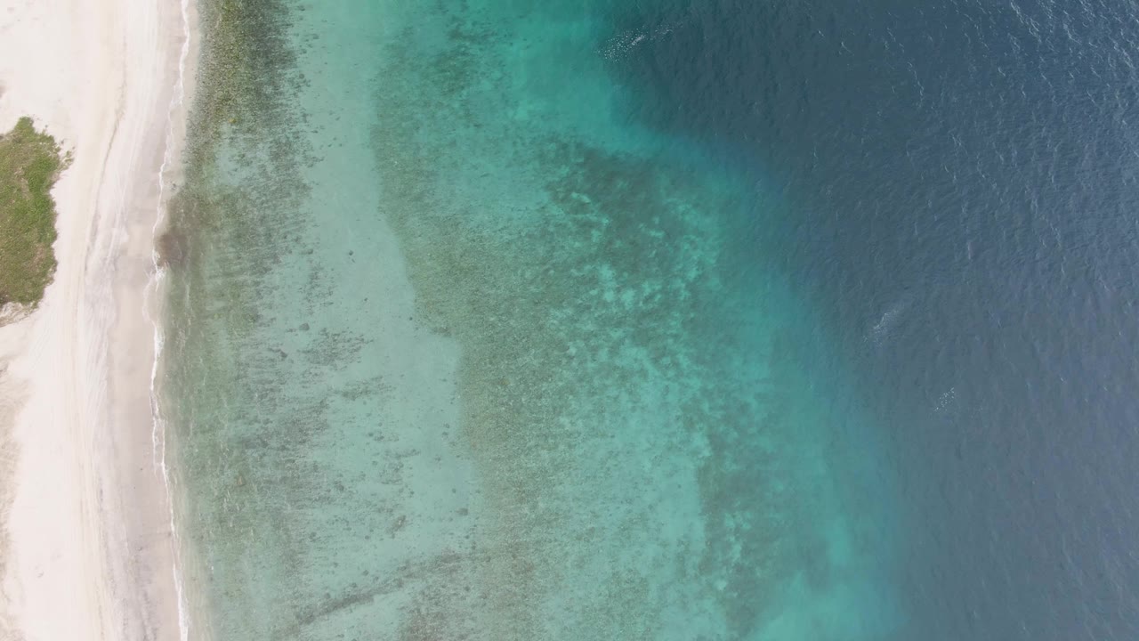 Overhead Los Barriles frame at 0:01, where the pale beach runs down the left side and clear green-turquoise shallows spread toward darker offshore water, with no visible people.