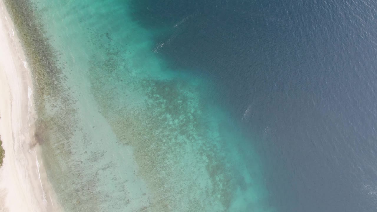 Overhead Los Barriles shoreline view with white sand along frame left, a broad pale aqua shallows area, mottled seabed patches, dark blue open water to the right, and no visible people.