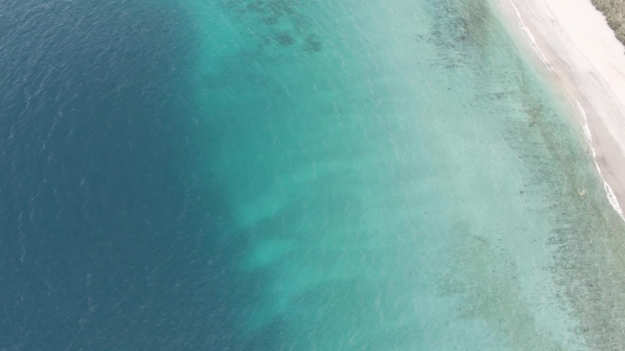 Aerial view of turquoise shallows beside a white sandy shoreline.