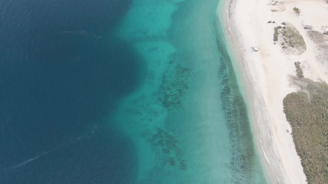 Top-down beach shoreline with turquoise water and pale sand.