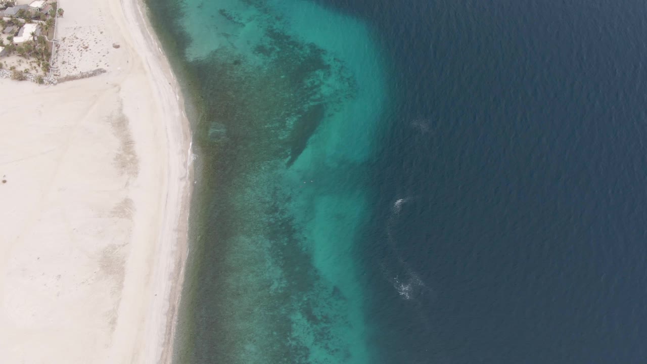 Overhead view of Los Barriles beach with pale sand at left, turquoise shallows over darker seabed, deep blue ocean at right, and no visible people.