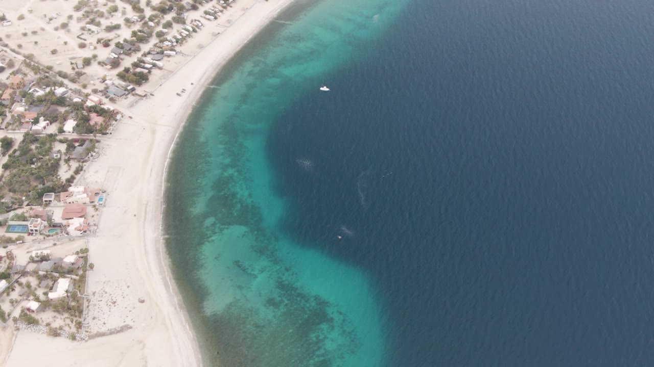 Curved beach and clear water seen from above with a small boat offshore.