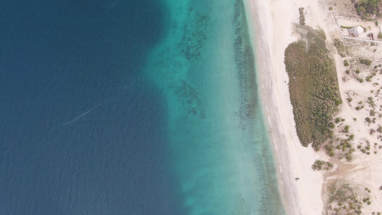 Aerial view of the Los Barriles coast with the open ocean occupying the left frame, turquoise shallows along the beach, scrubby dune vegetation to the right, and no visible people.