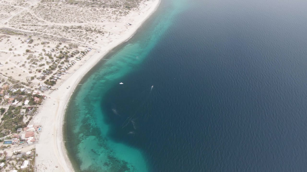 Aerial view of beach houses, sand, clear shallows, and offshore boats.