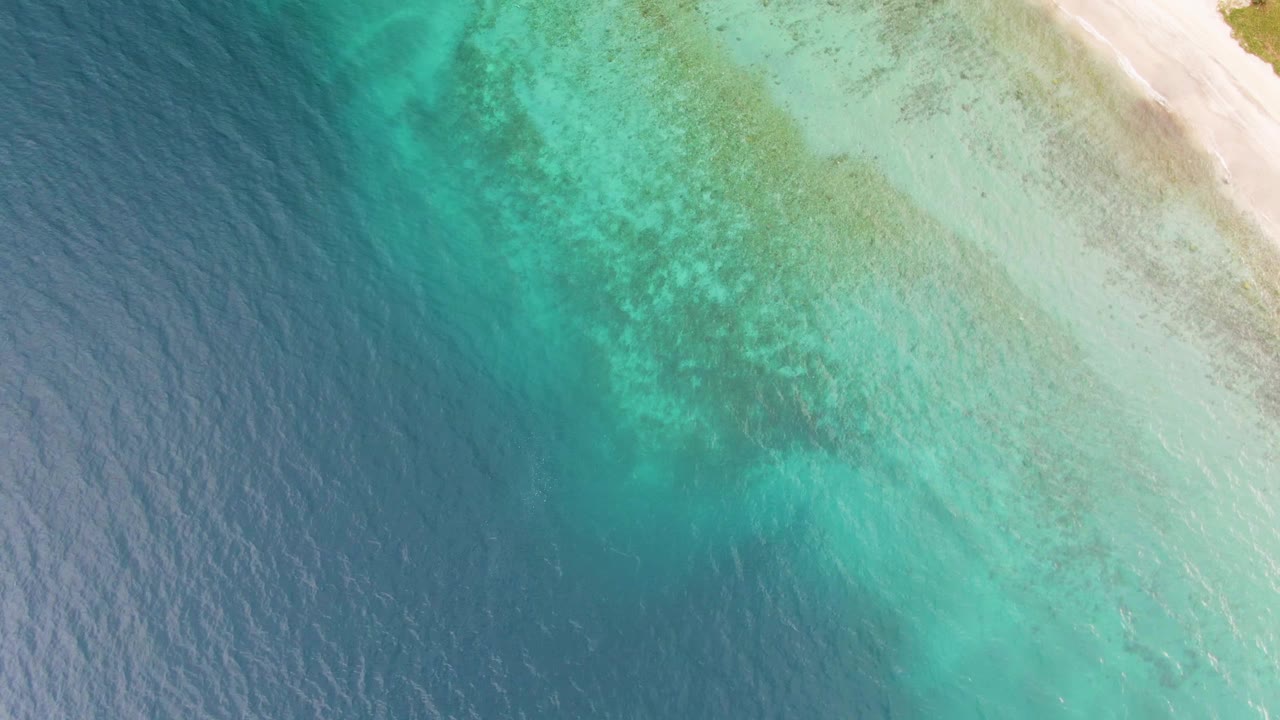 Overhead view of turquoise shallows beside deeper blue ocean and a strip of pale sand.