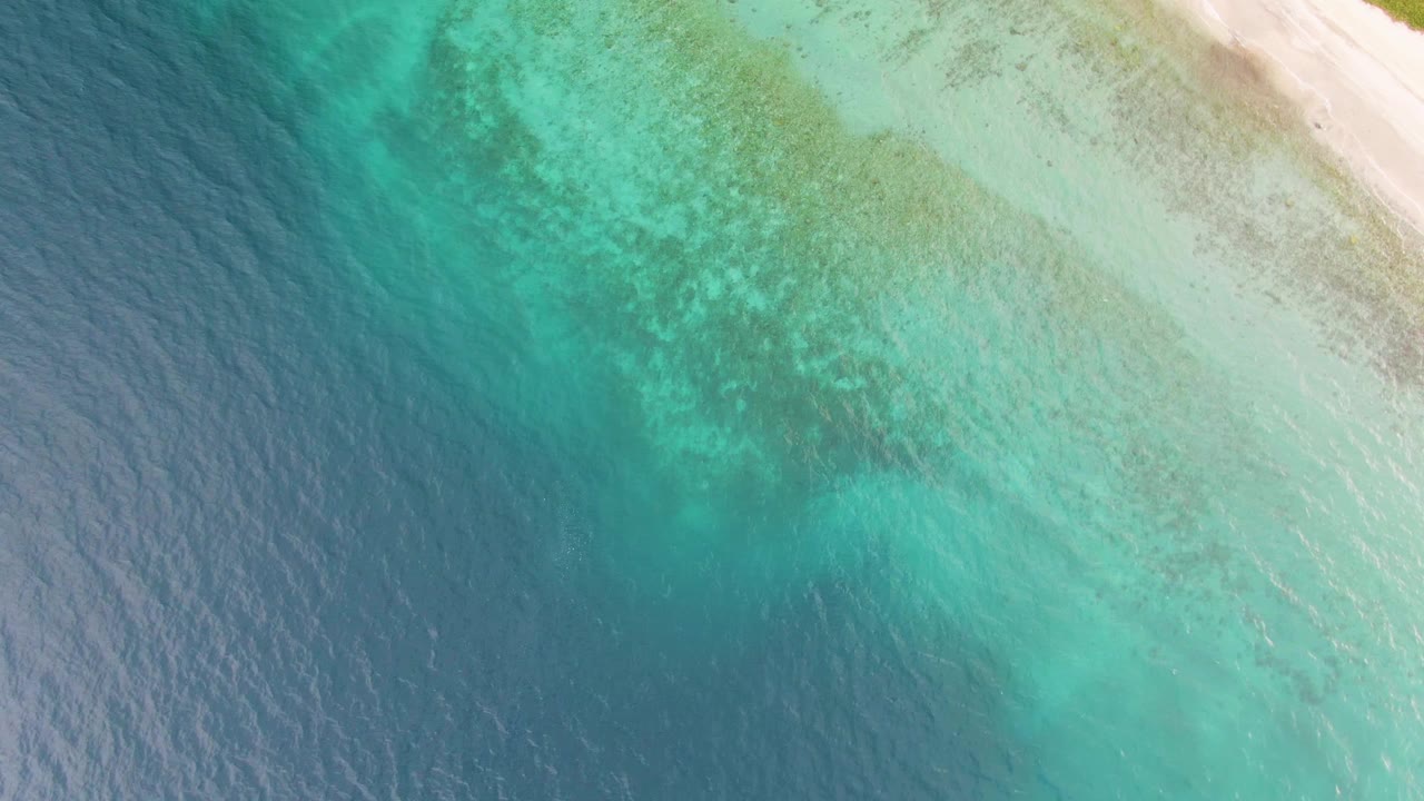 Overhead Los Barriles coastal frame with a diagonal transition from pale shoreline and green-blue shallows to darker blue ocean, with no visible people.