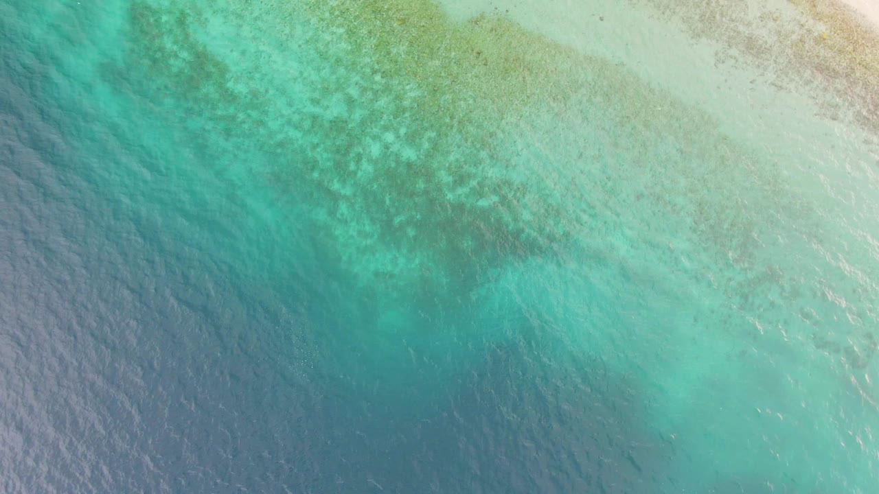 Overhead turquoise ocean shallows with coral patches under clear water.