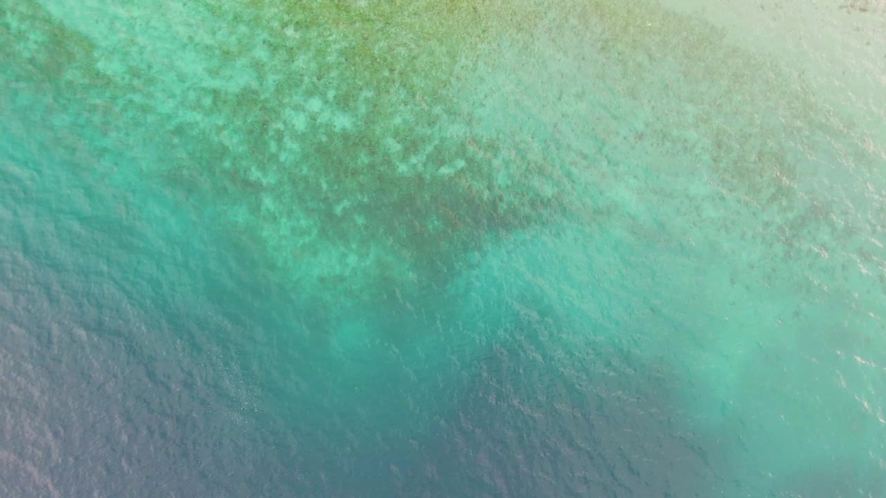 Aerial view over Los Barriles ocean shallows with a dense darker coral band across the middle and no visible people.