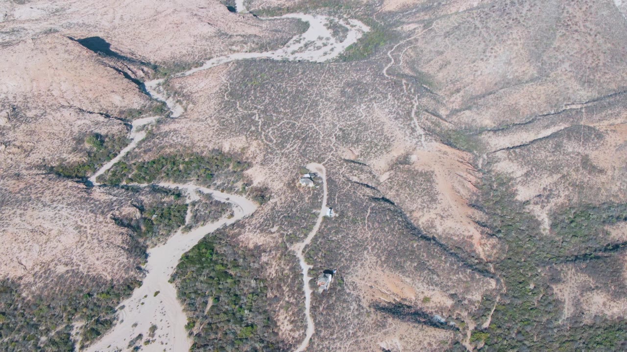 Drone view over Cabo Pulmo arid hills, with branching pale paths, rocky drainage channels, patchy shrubs, and no visible people.