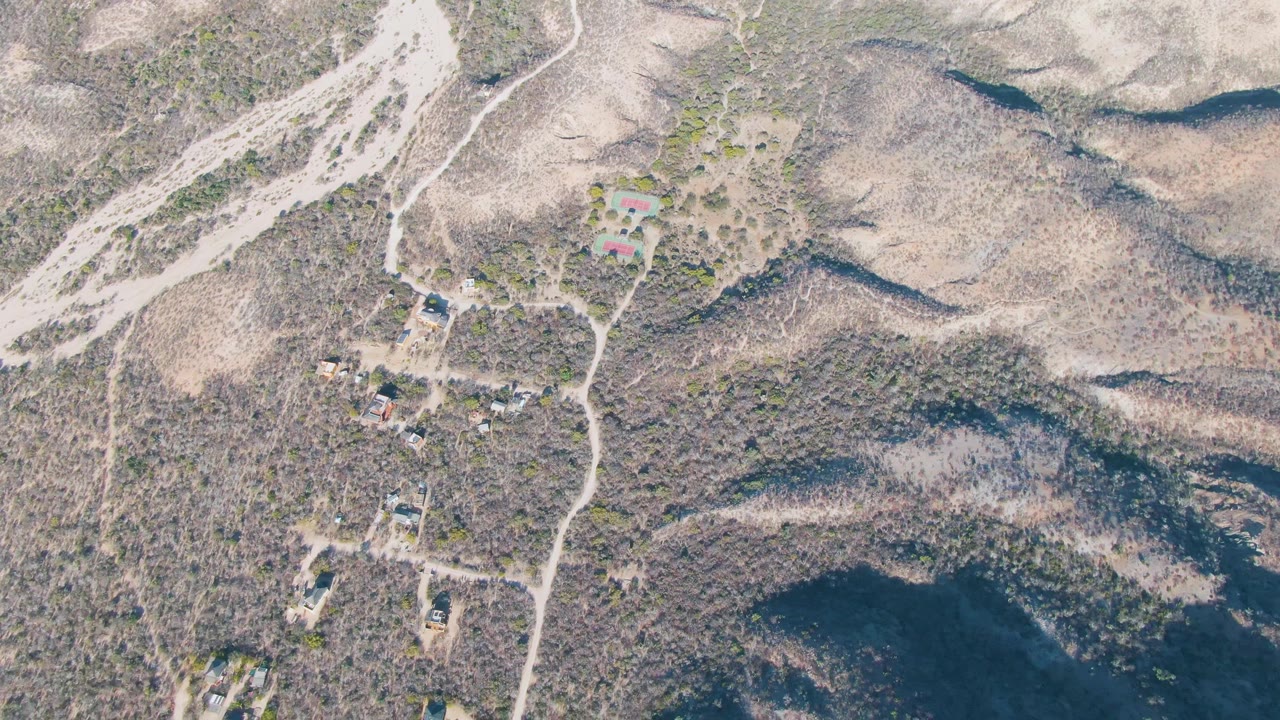 Aerial desert hills with a central dirt road and isolated buildings.