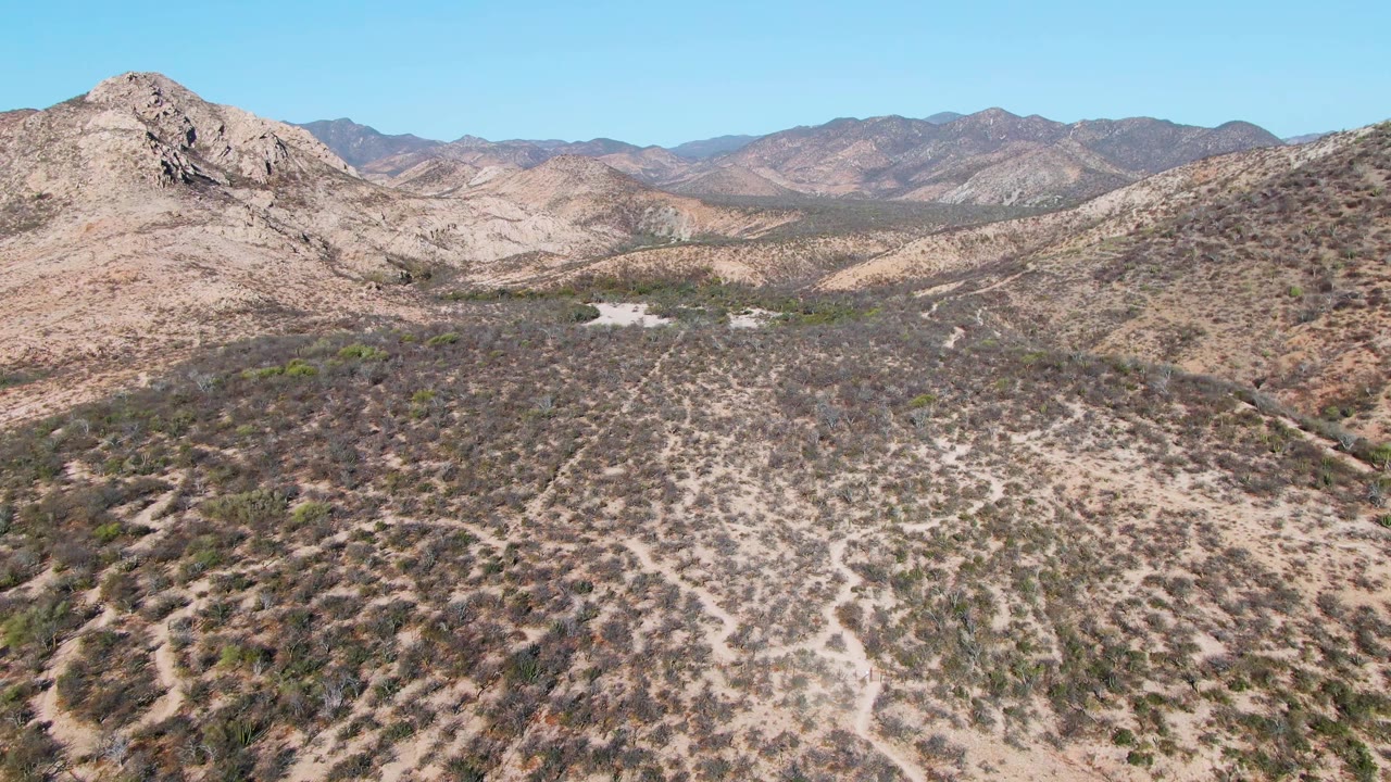 High aerial view in Cabo Pulmo showing a scrub-covered valley floor, pale dirt tracks, layered mountain ridges, clear sky, and no visible people.