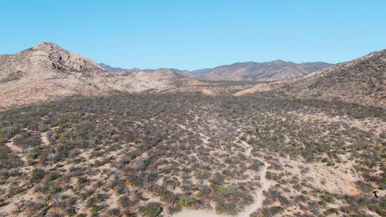 Cabo Pulmo desert terrain fills the frame with a scrub-covered slope in front, a rocky hill near center, distant mountain ridges, and no visible people.