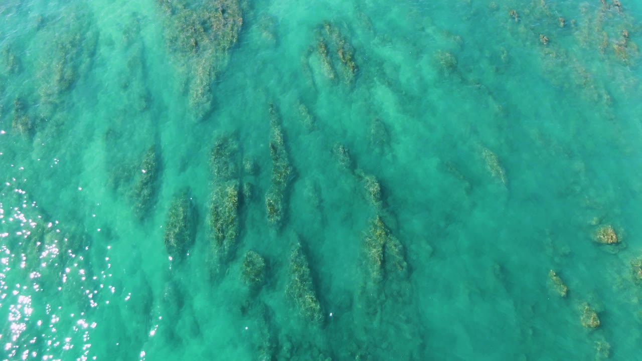 Top-down La Fortuna ocean frame with scattered submerged vegetation visible through turquoise water and smaller white reflection points, with no visible people.