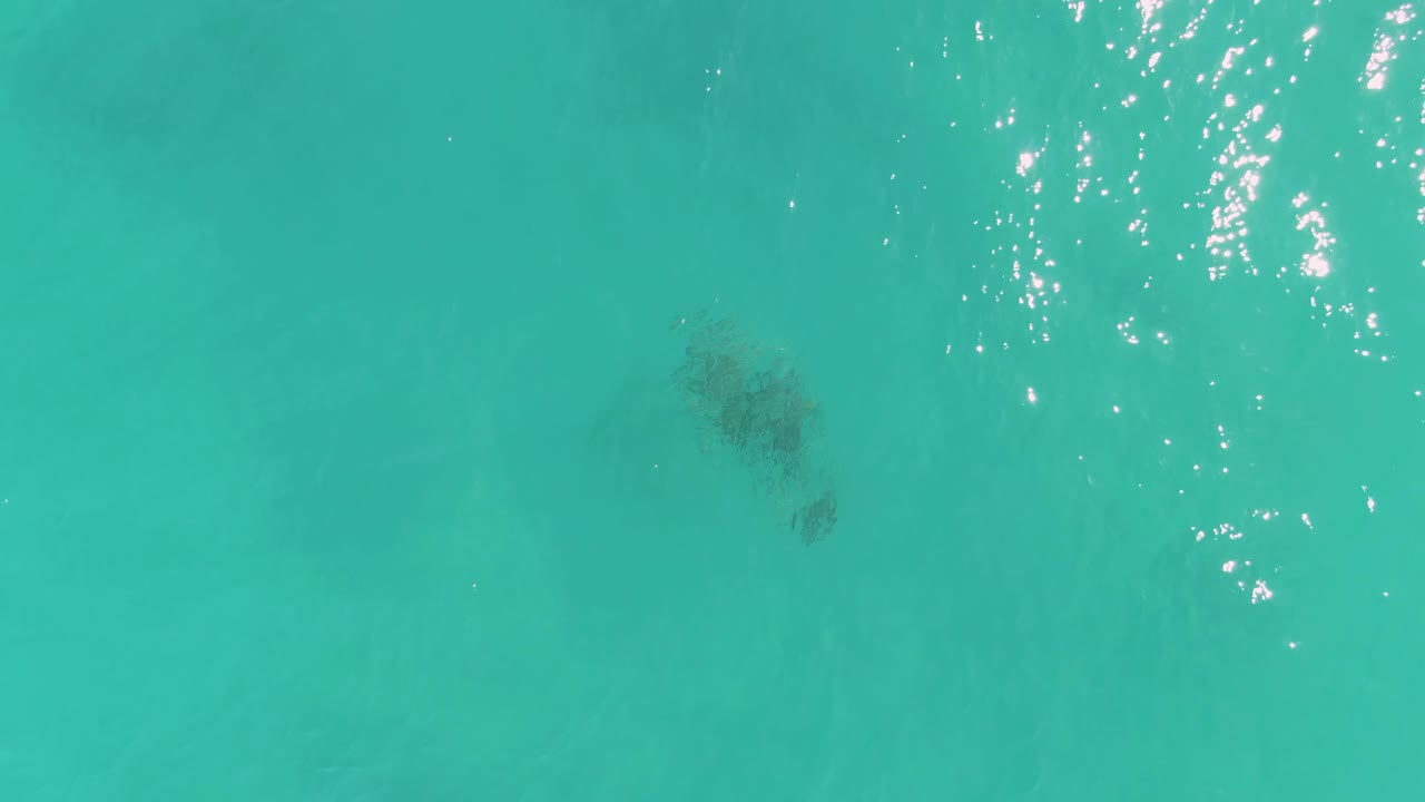 The sea turtle remains visible under clear turquoise water near La Fortuna, while bright reflection clusters gather across the upper right and no people are visible.