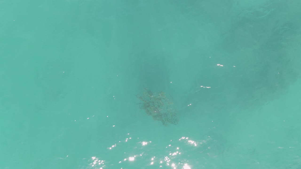 Turquoise water with a dark submerged coral or rock patch