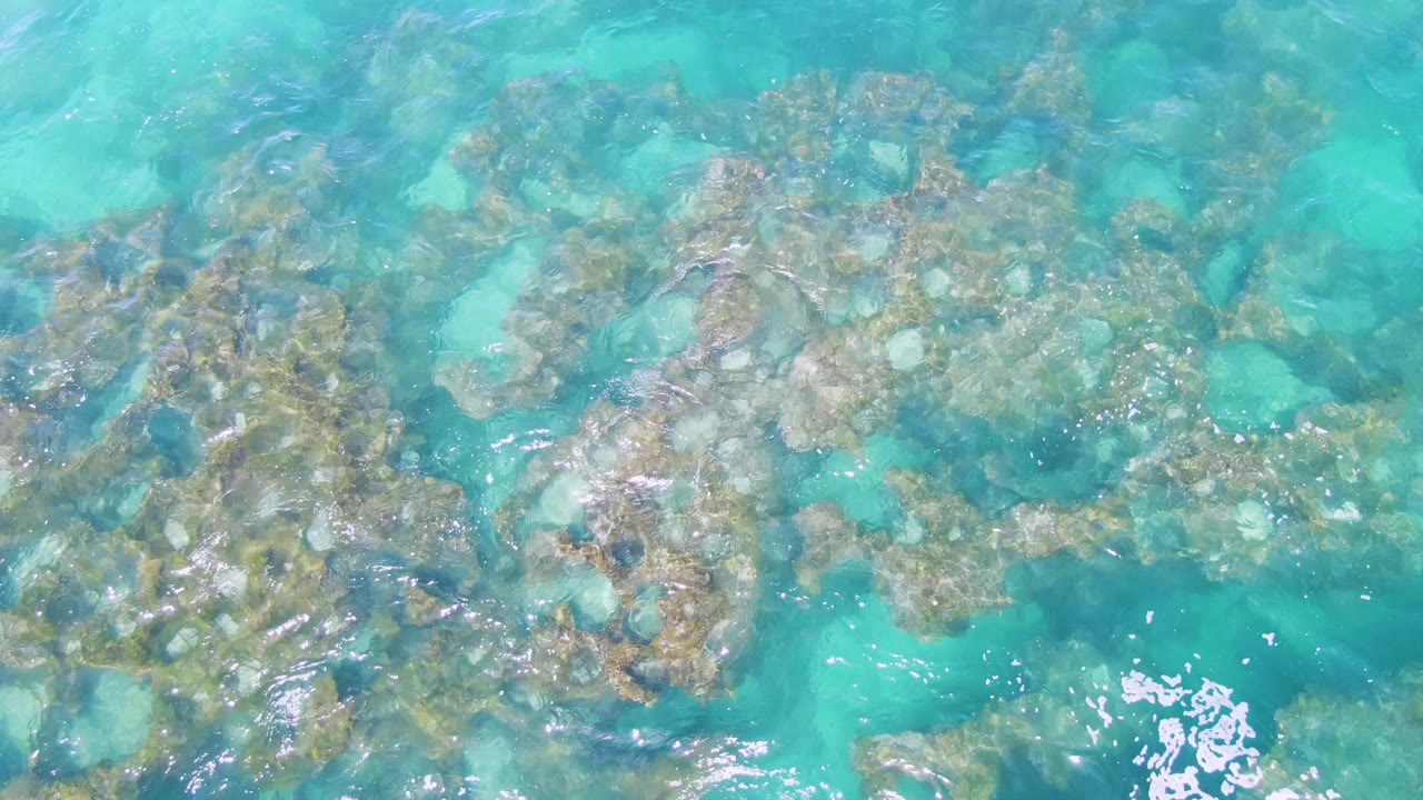 Clear water with rocky seabed and white surface highlights