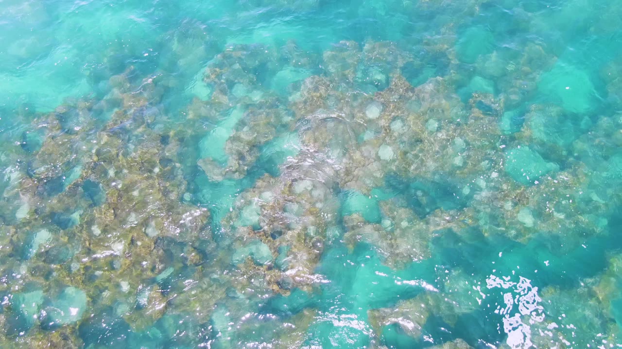 Aerial-style frame over Buzzards Beach showing rocky seabed patches under transparent turquoise water, with no visible people or boats.