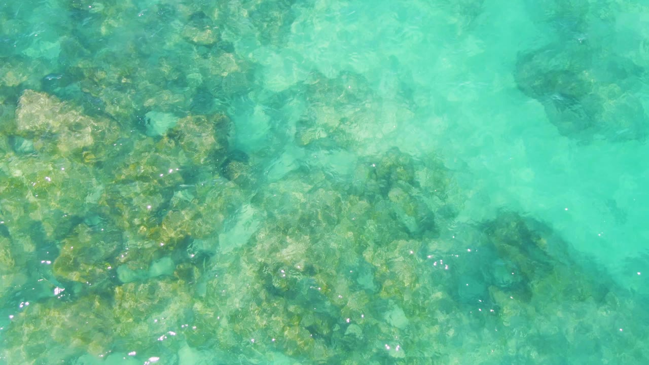 Clear green-blue water reveals a rocky seabed at Buzzards Beach in Baja California Sur, with bright surface flecks and no visible people.