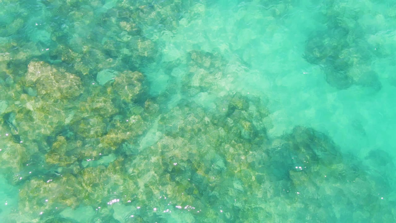 A top-down frame of shallow turquoise ocean at Buzzards Beach shows uneven submerged rocks beneath light ripples, with no visible people.