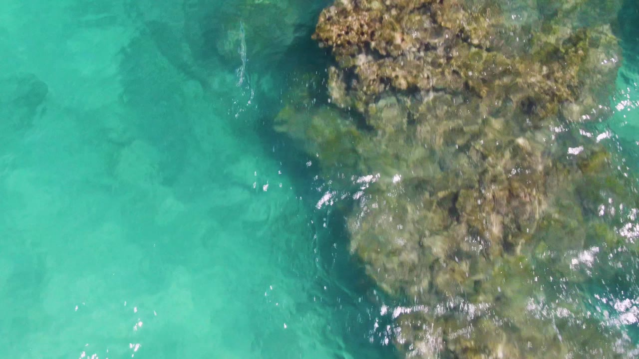 Clear Buzzards Beach water shows a broad submerged rock mass near the top center, with ripples and small sun highlights across the surface and no visible people.