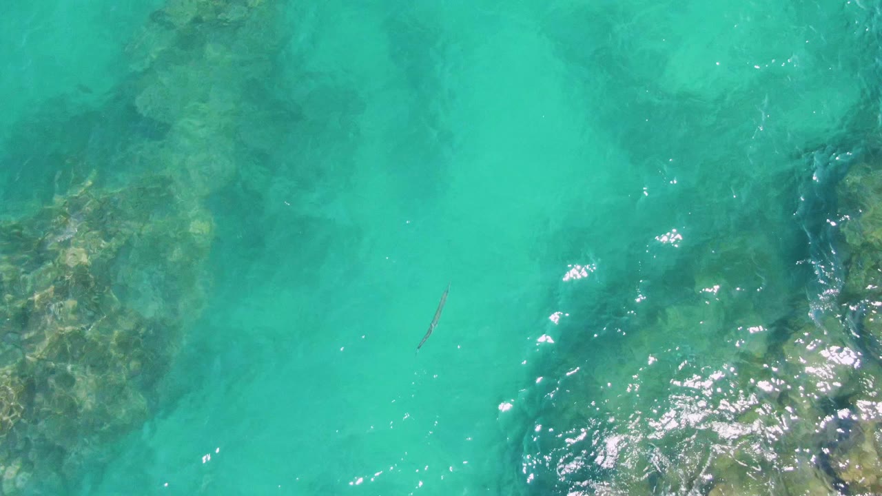 Wide patch of shallow turquoise water with darker rocks below.