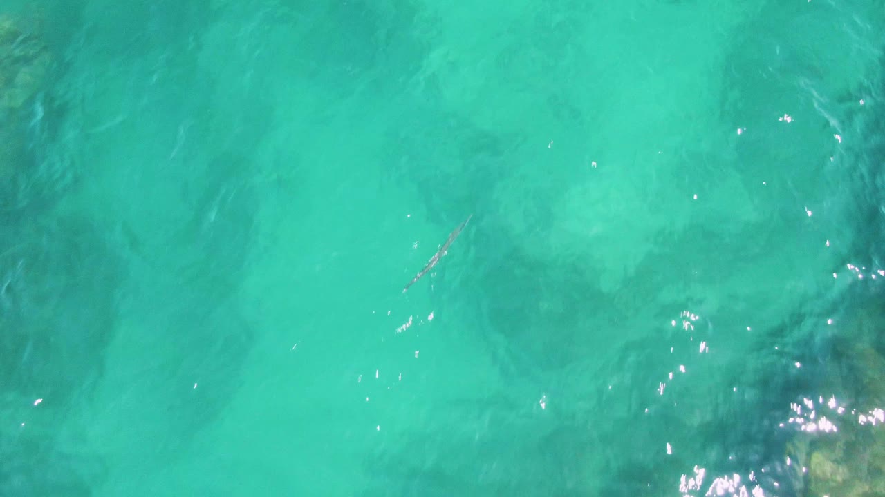 Clear shallow ocean at Buzzards Beach with a darker underwater patch near the lower left and small sun reflections on the rippled surface, with no visible people.