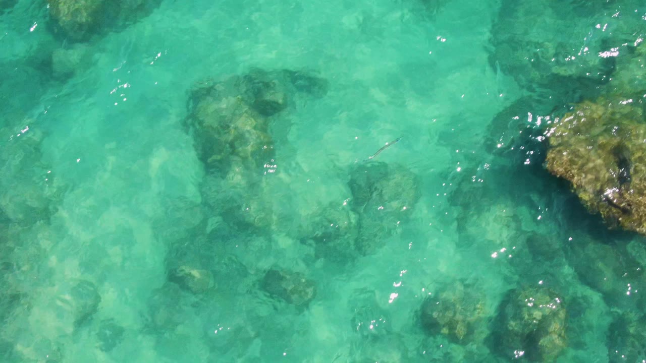 Top-down view of clear turquoise water over submerged rocks and pale seabed at Buzzards Beach, Baja California Sur, with no visible people.