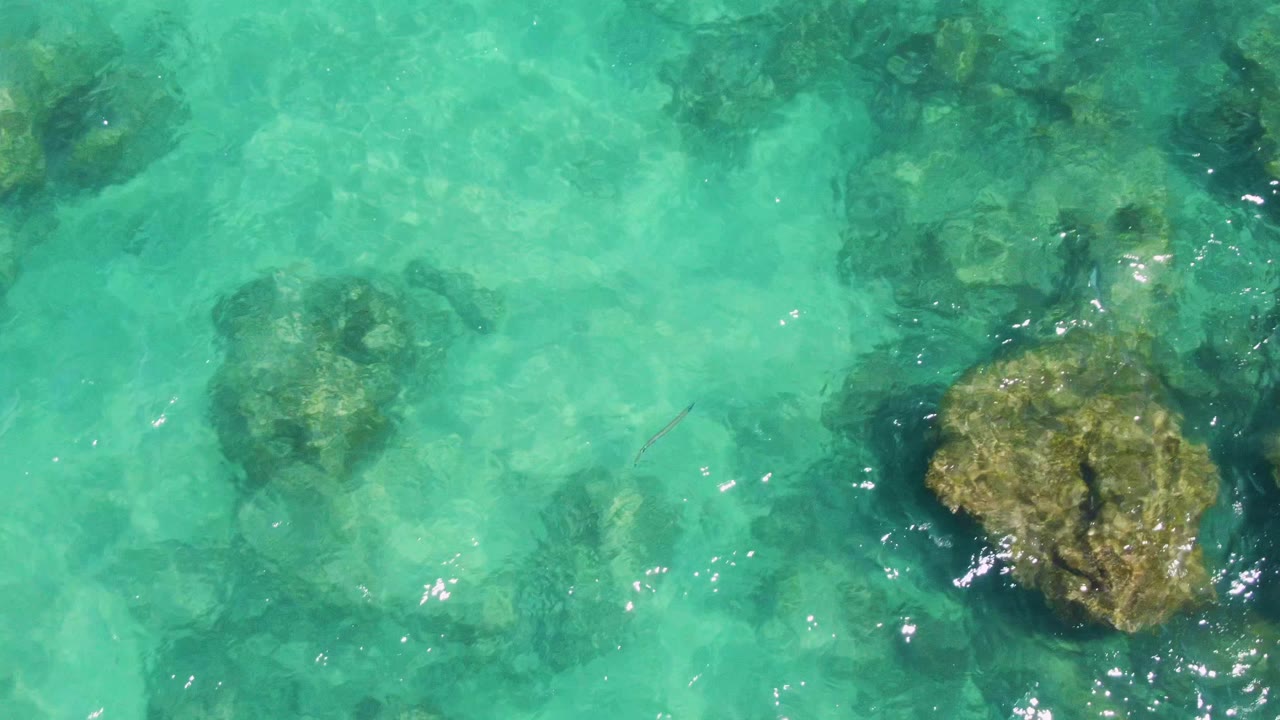 A broad top-down patch of Buzzards Beach shallows shows scattered submerged rocks, soft sand color, and rippled turquoise water with no visible people.