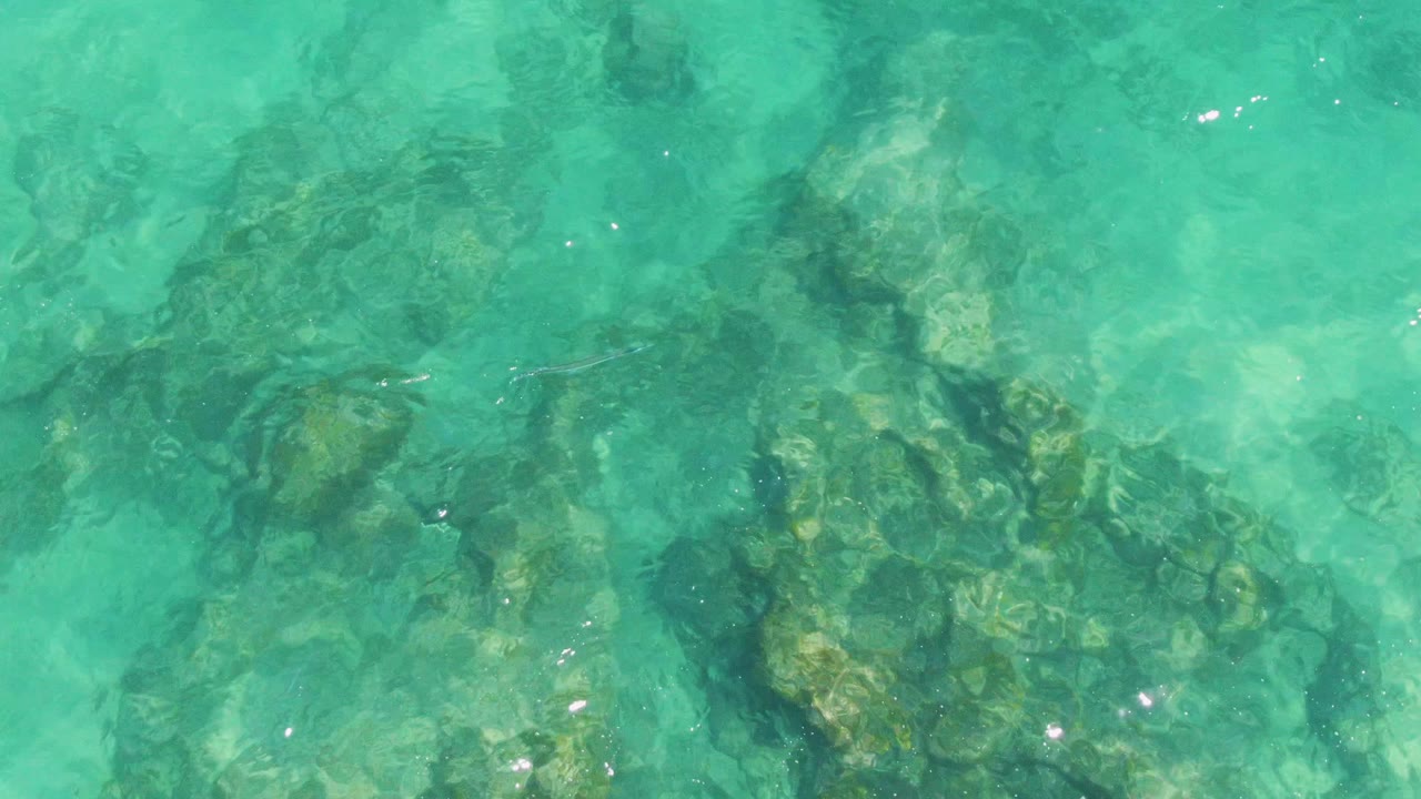 Turquoise shallow water over submerged rocks