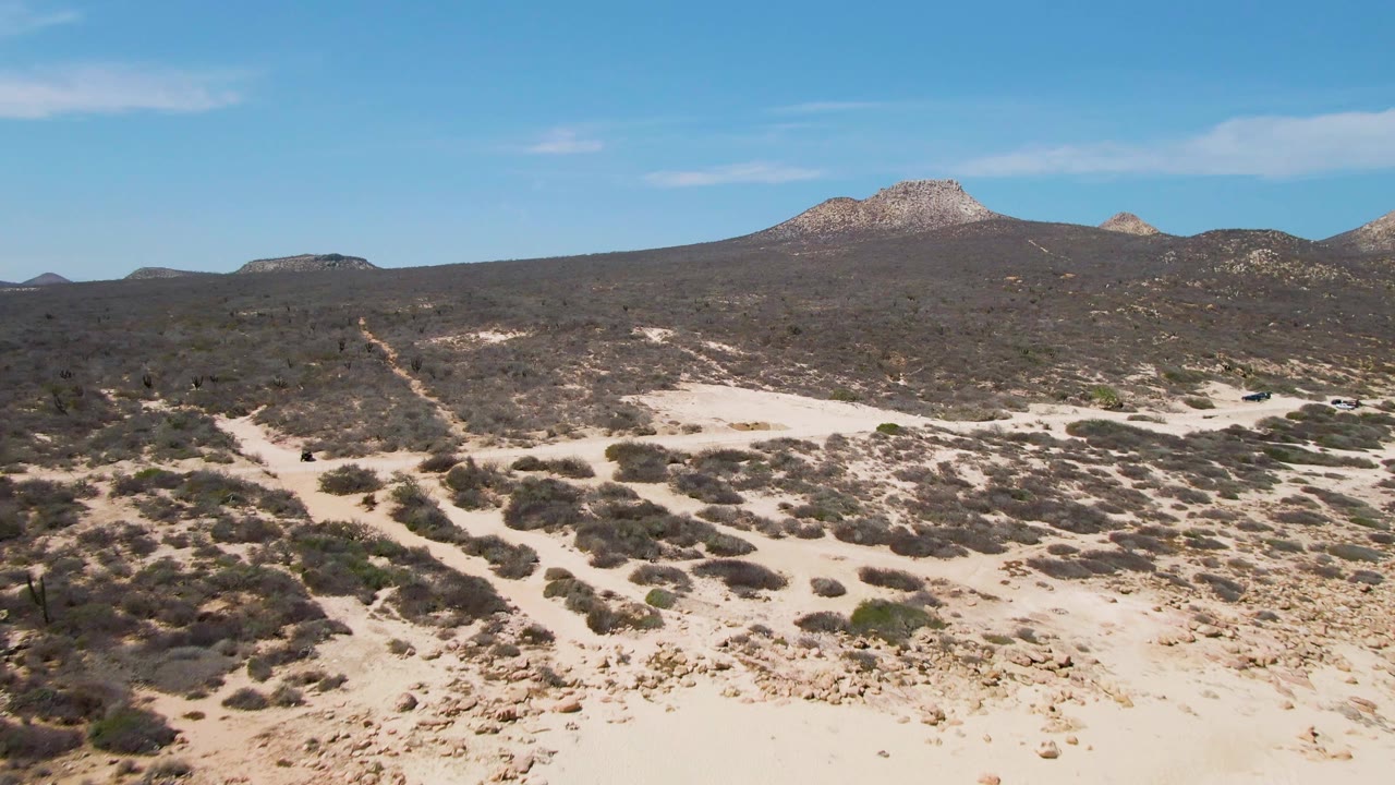 Aerial frame near Buzzards Beach with pale sand, scattered desert shrubs, a faint road line into the midground, distant hills, and no visible people.
