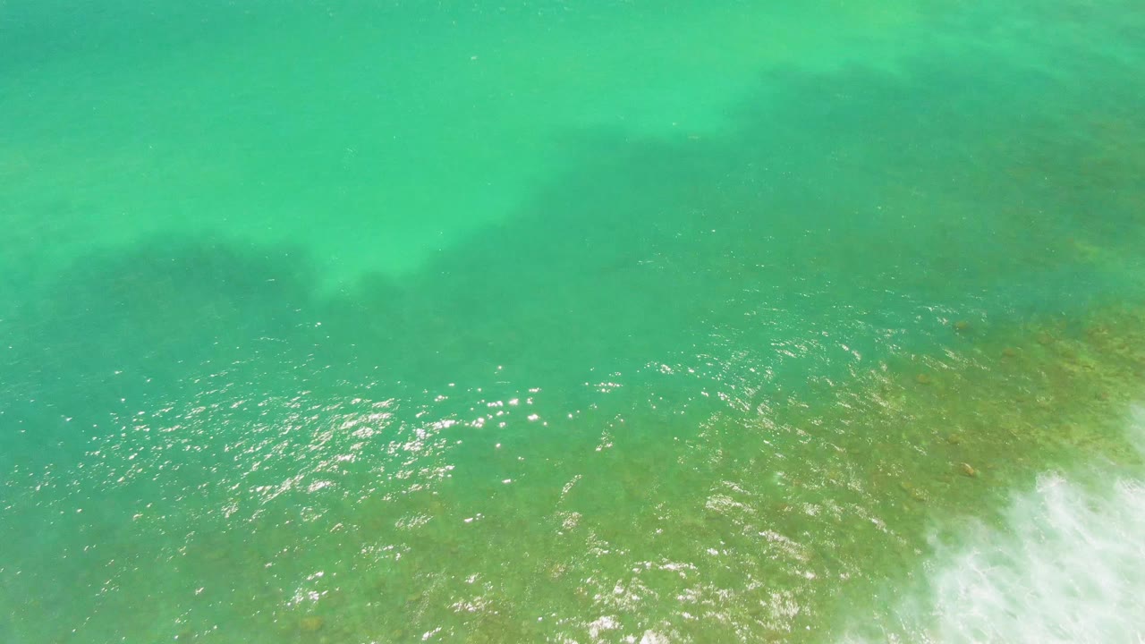 Turquoise ocean surface with sun reflections and pale seabed visible below.