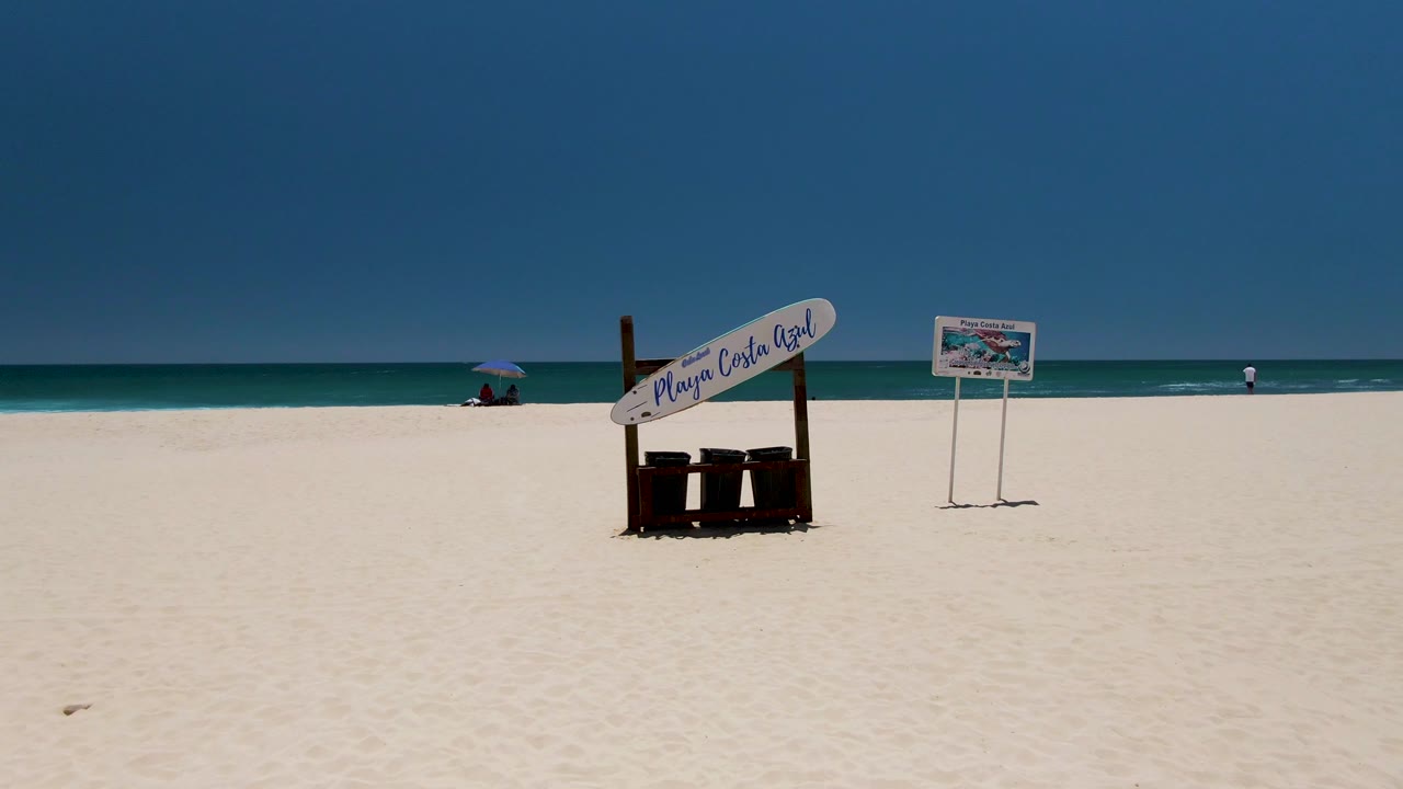 Costa Azul Beach frame with the Playa Costa Azul sign slightly right of center, trash bins below it, a second freestanding sign to the right, umbrella figures far left, and a small person near the surf line.