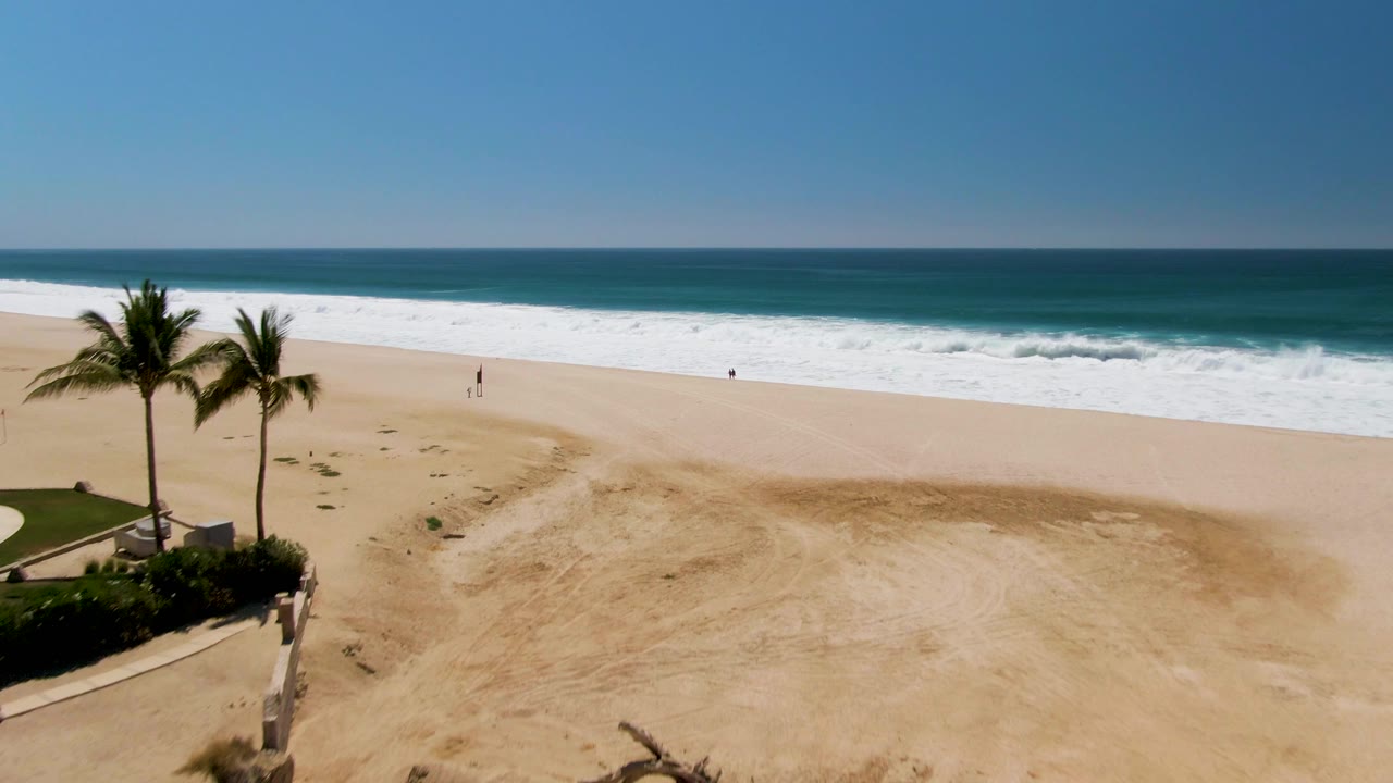 Aerial view in San Jose Del Cabo showing palm trees and greenery at the left edge, pale sand, white surf, blue ocean, clear sky, and tiny people on the beach.