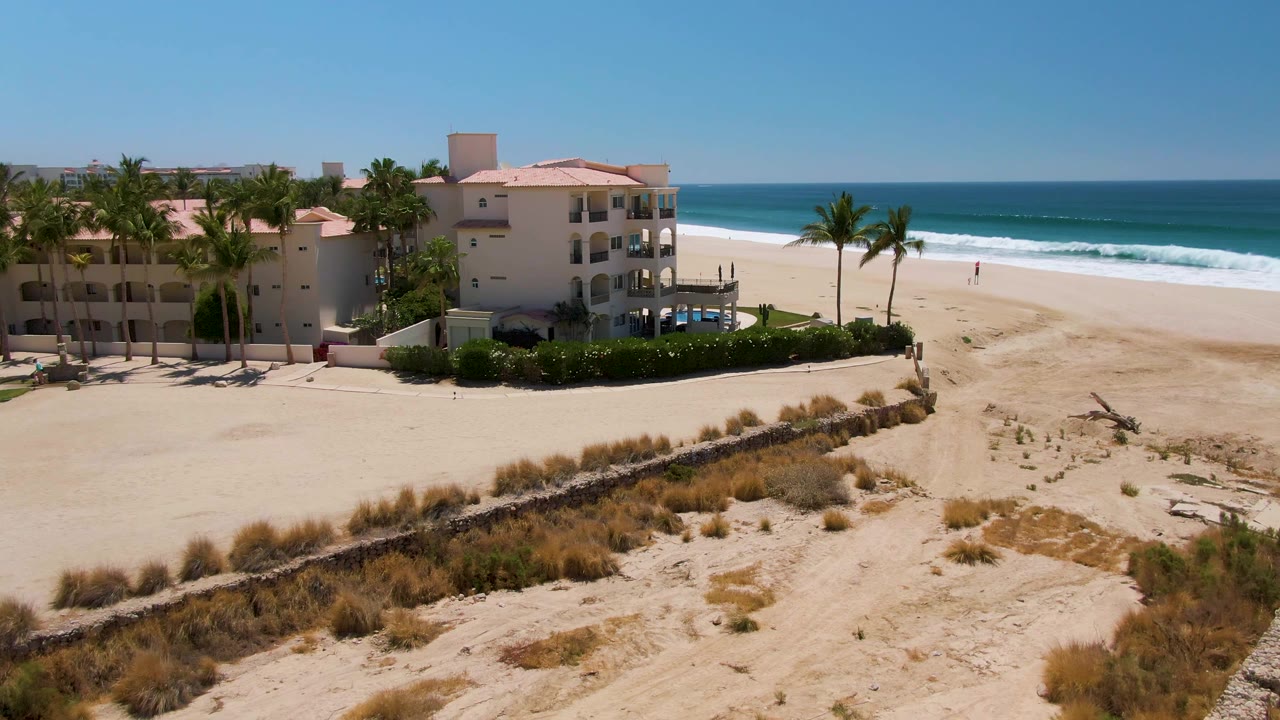 Beachfront building beside palms and a sandy shoreline with white ocean surf.
