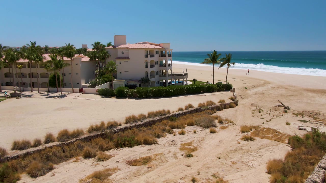 Elevated San Jose del Cabo view with the beach building at left, a pair of palms near the sand, dune grasses in the foreground, and a broad band of ocean with white waves behind the shoreline.