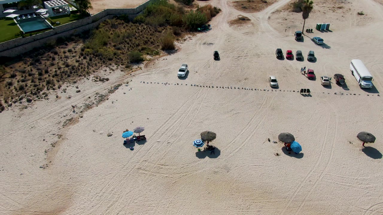 Aerial beach view with umbrellas in the sand and vehicles near scrub.