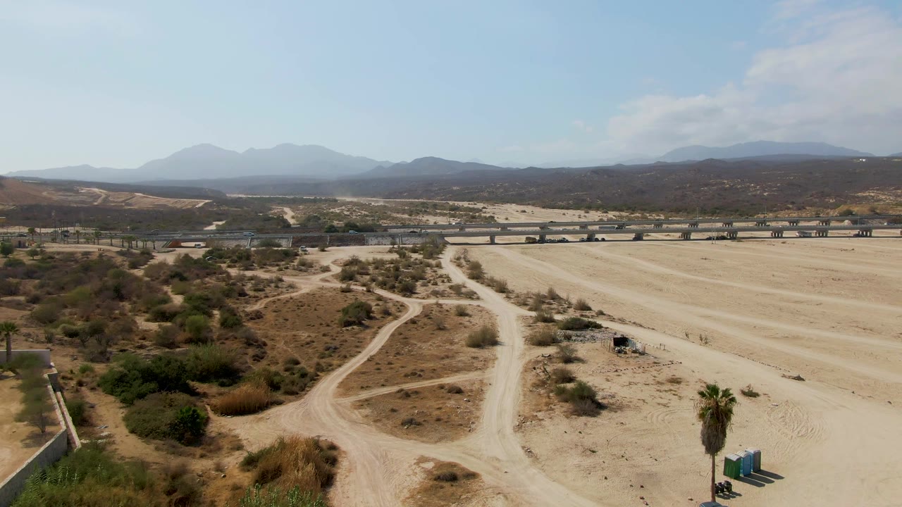 Aerial frame from El Tule Beach Los Cabos with the palm tree and vehicles lower in the composition, scrub-covered sand in front, a long bridge beyond, distant mountains, and no visible people.