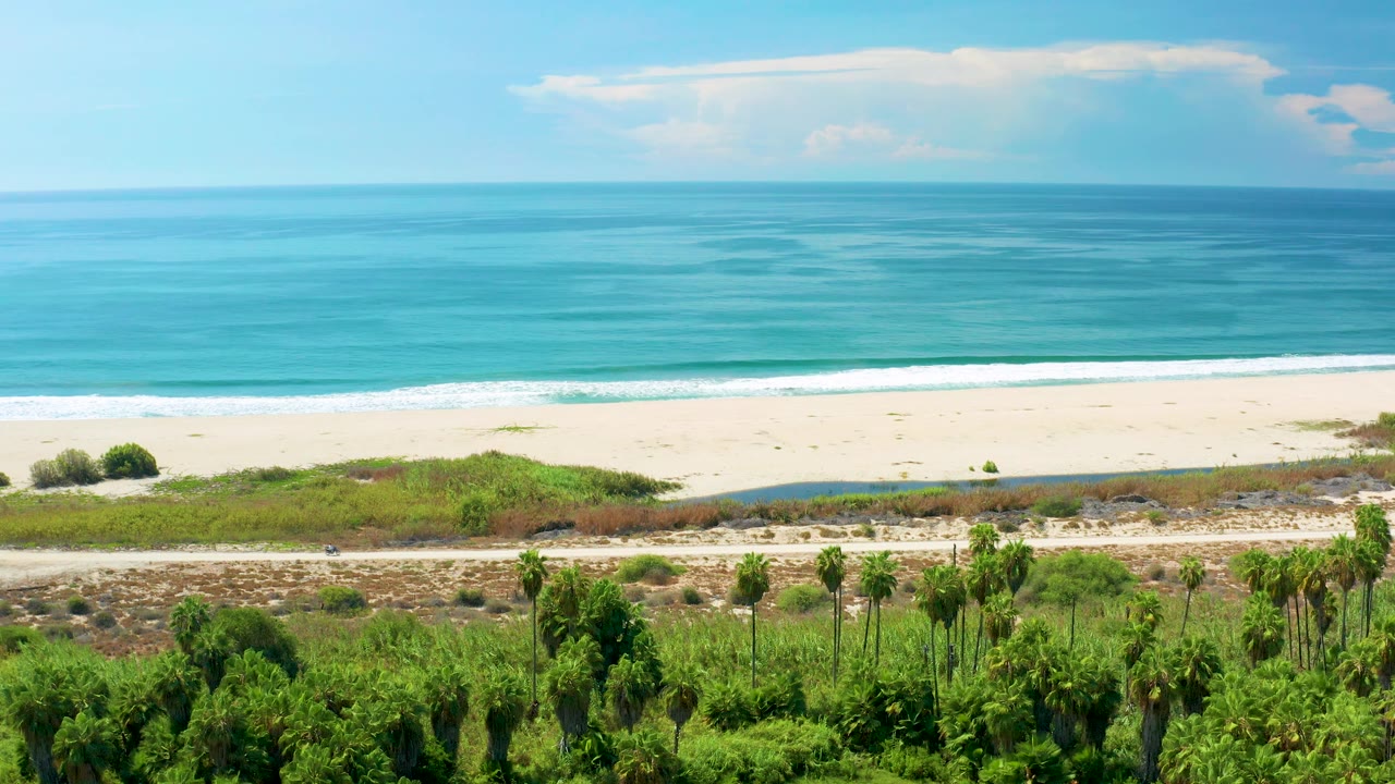 Opening frame of San Jose Del Cabo coastline with turquoise ocean, pale sand, a narrow road, foreground palms, scattered clouds, and no visible people.