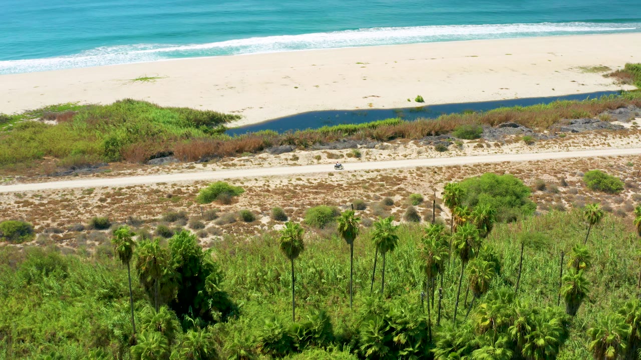 Mid-clip aerial view in San Jose Del Cabo where the beach, dune scrub, parallel road, and palm foreground remain visible as shadow crosses the scene, with no visible people.