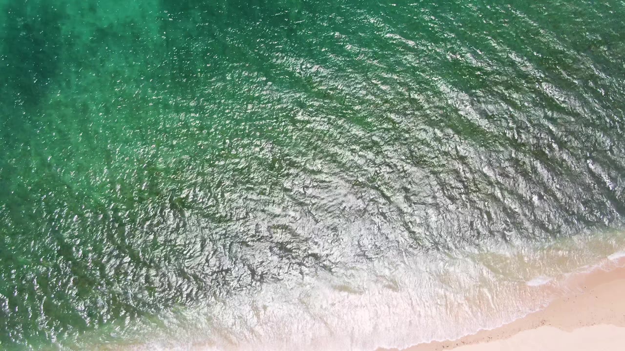 Overhead green ocean water meeting pale sandy shore