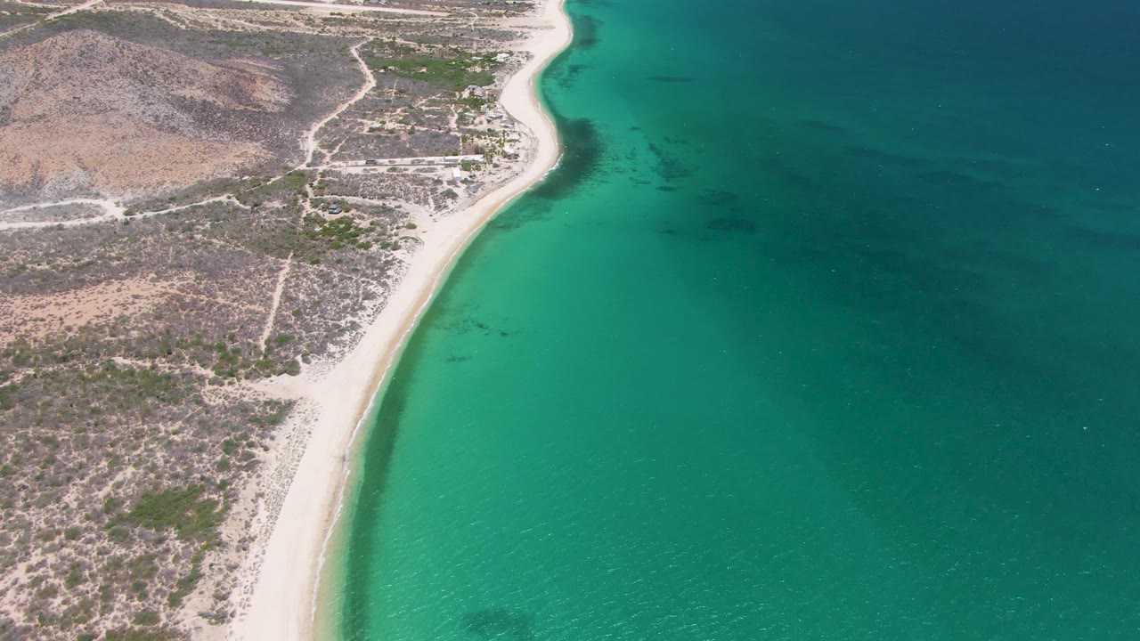 Wide aerial frame over Playa Miramar Los Cabos showing turquoise shallows along the sand, deeper blue-green water offshore, scrubland inland, and no visible people.
