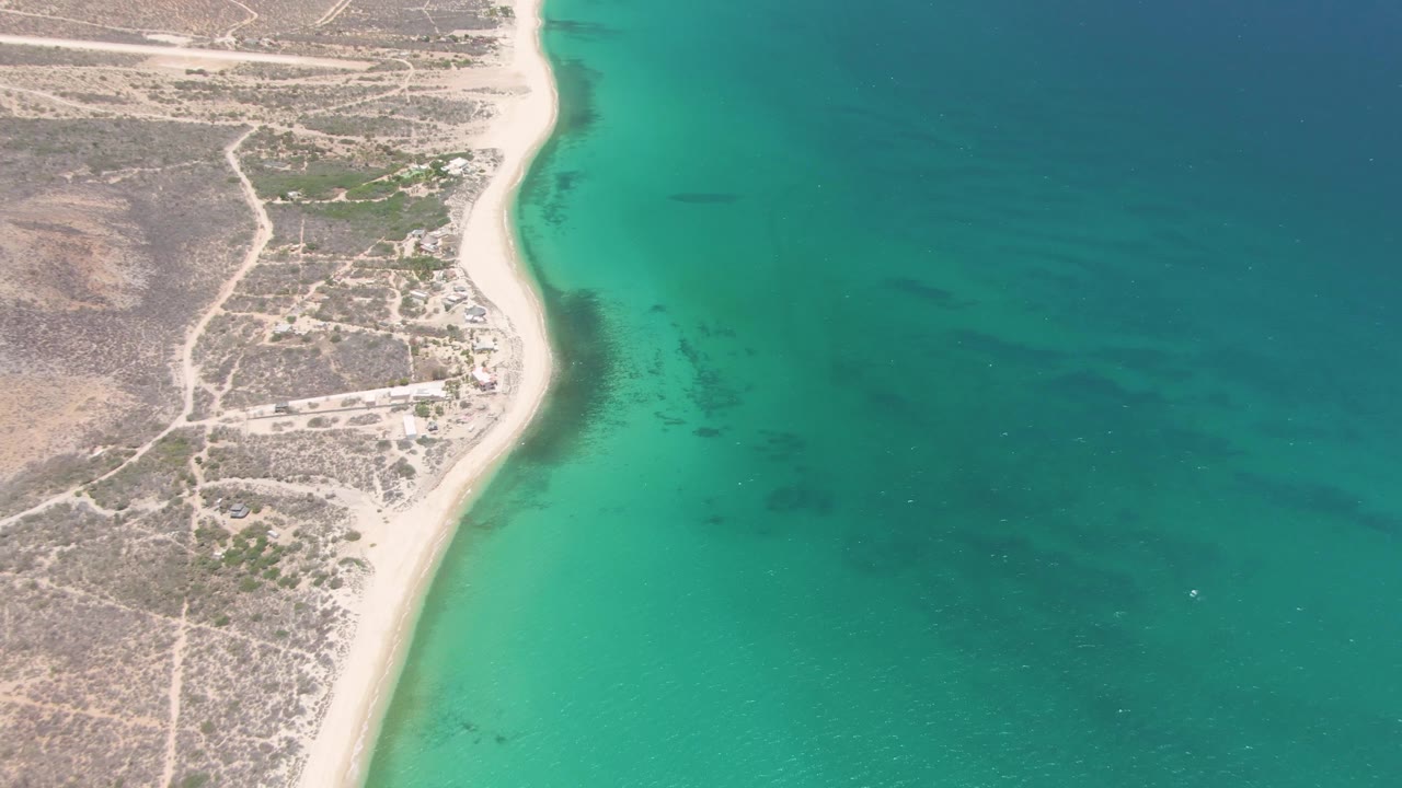 Aerial view of Playa Miramar Los Cabos with the beach running near the left edge, green-blue water covering most of the frame, arid roads inland, and no visible people.