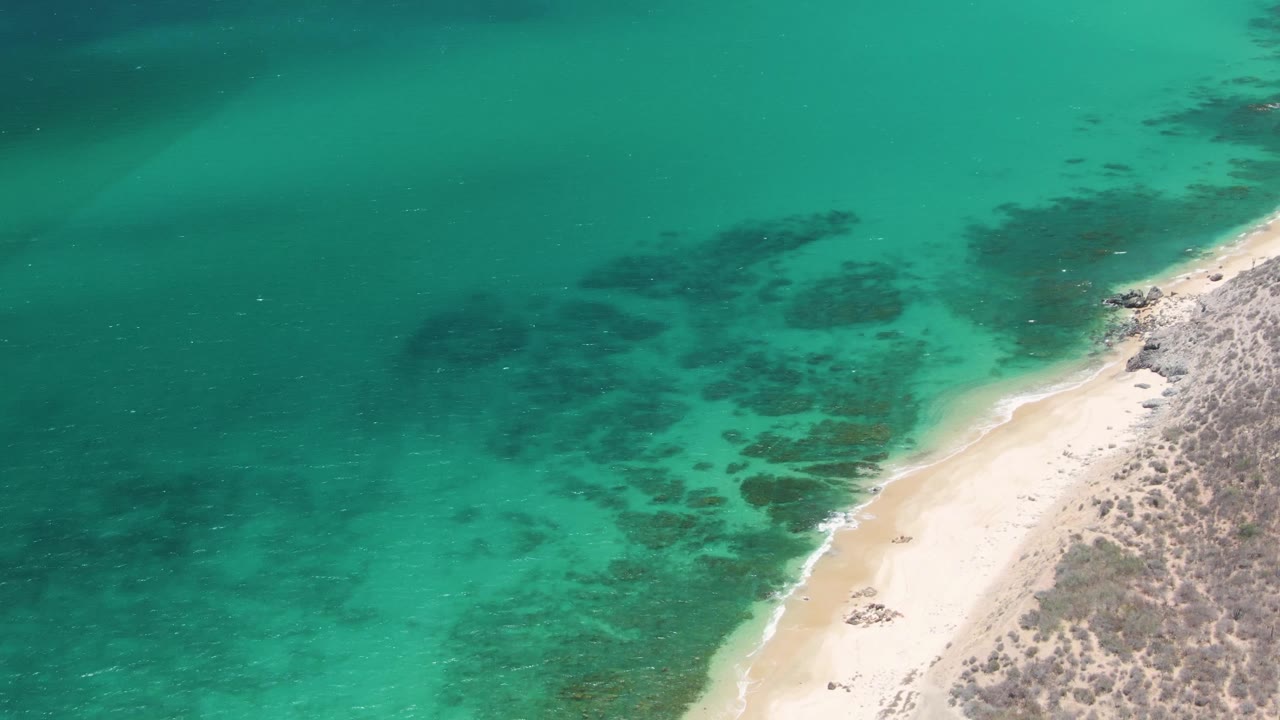 Overhead view of turquoise water and darker submerged patches beside the sandy Playa Miramar Los Cabos shoreline, with sparse coastal vegetation and no visible people.