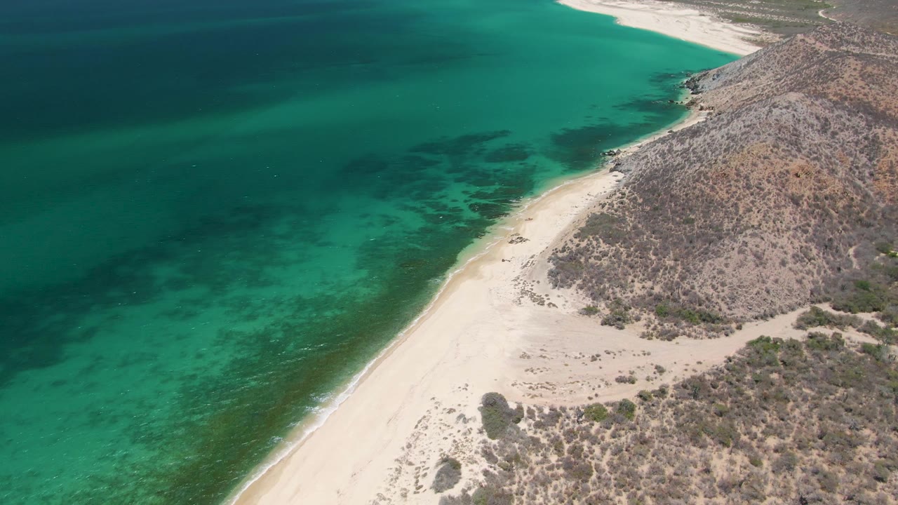 The shoreline at Playa Miramar Los Cabos curves through the frame, with clear blue-green shallows on one side and scrubby rocky hillside on the other, with no visible people.