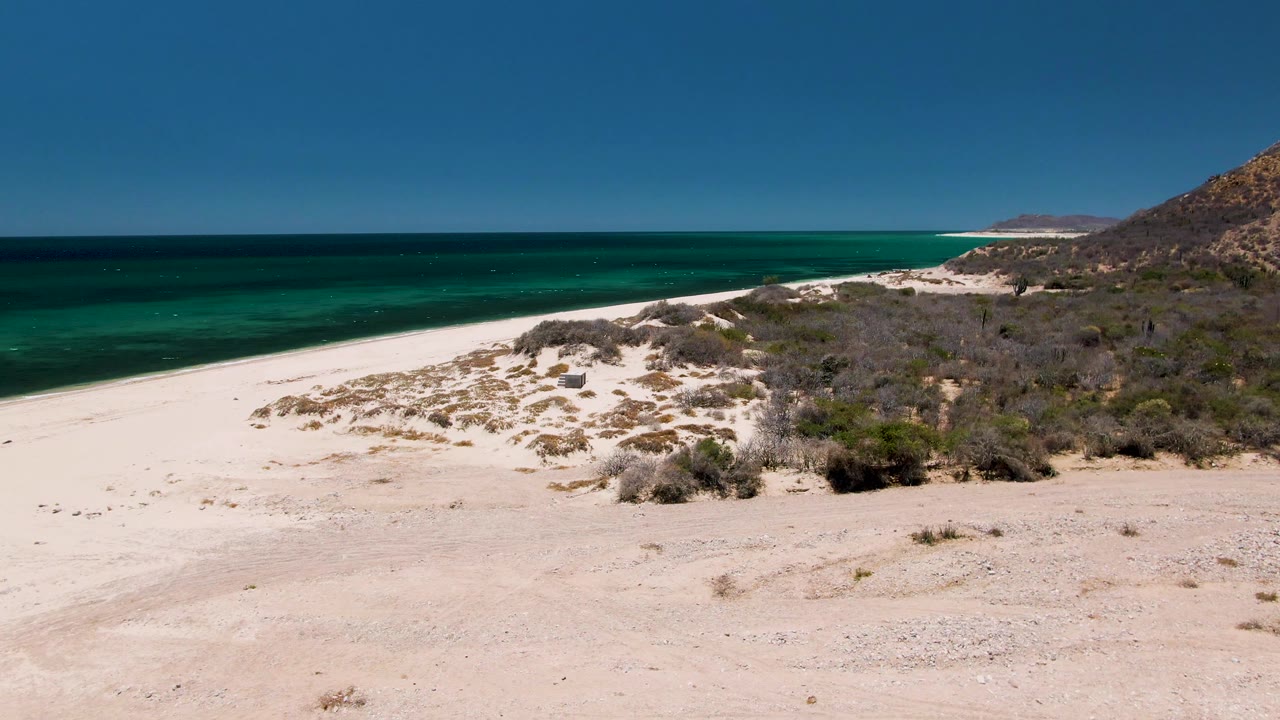 Sandy dune foreground with turquoise water and clear blue sky