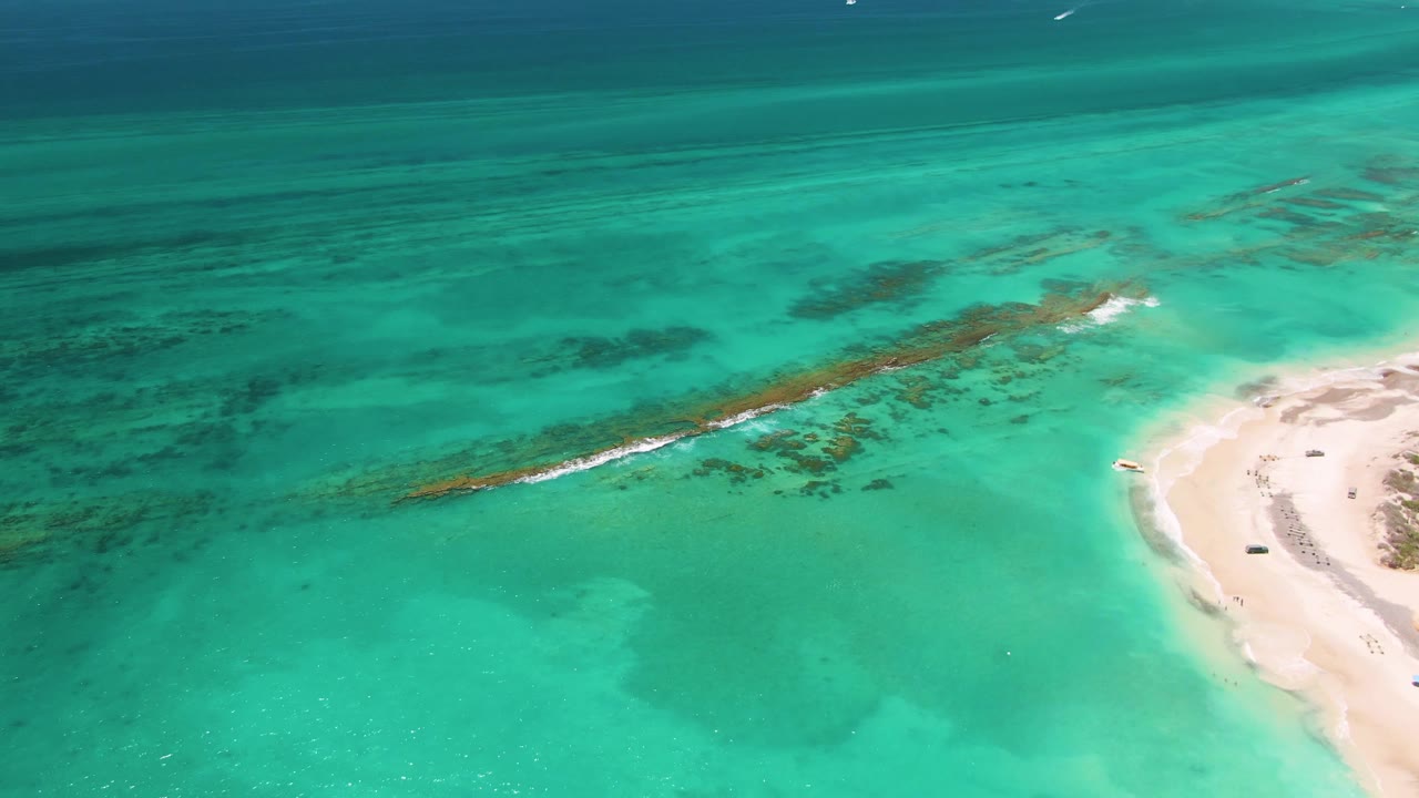 Aerial coastal shallows with reef patches and pale beach