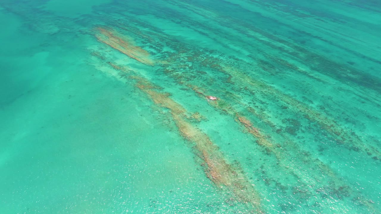 Aerial frame of shallow turquoise ocean in Cabo Pulmo with darker coral streaks crossing the upper right area and no visible people.