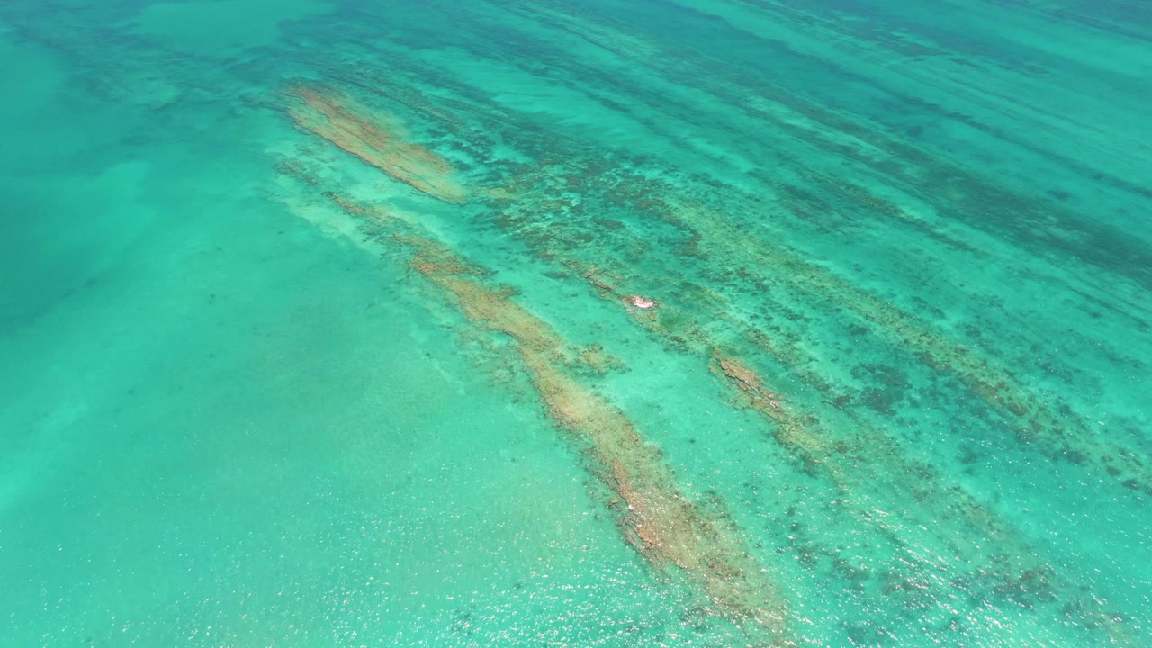Bright turquoise water in Cabo Pulmo covers a diagonal coral ridge with scattered dark reef patches and no visible people.