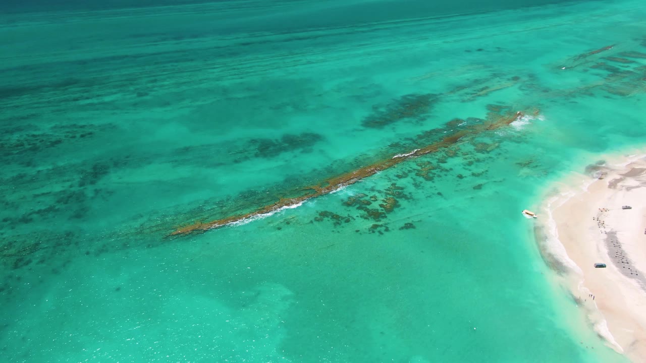 Overhead view of turquoise water and dark reef patches near a sandy shore in Cabo Pulmo, Mexico, with no visible people.