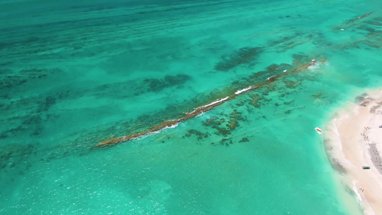 The reef sits diagonally across bright turquoise water with a narrow strip of pale sand visible at the right in Cabo Pulmo, Mexico, and no visible people.
